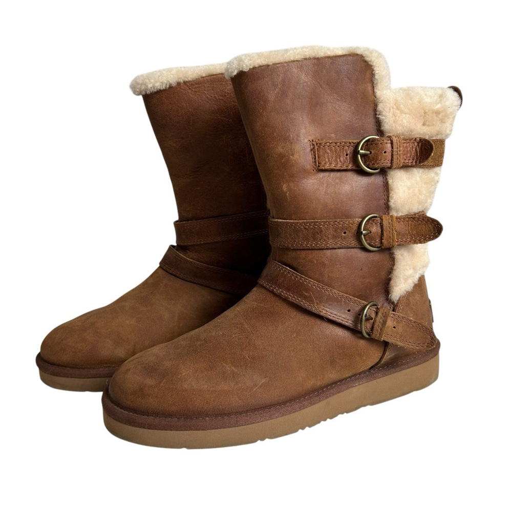 UGG Australia Women’s Tan 3 Buckle Leather Sheepskin Fur Lined Boots Size US 8 - Picture 5 of 8